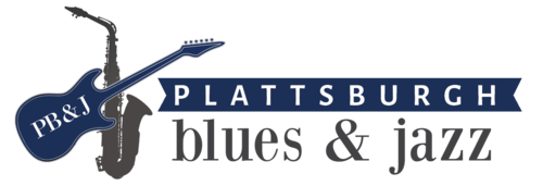 Logo of Plattsburgh Blues & Jazz with guitar and saxophone design