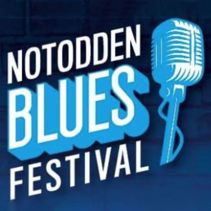 Notodden Blues Festival Logo - angled text and old fashioned microphone in blue