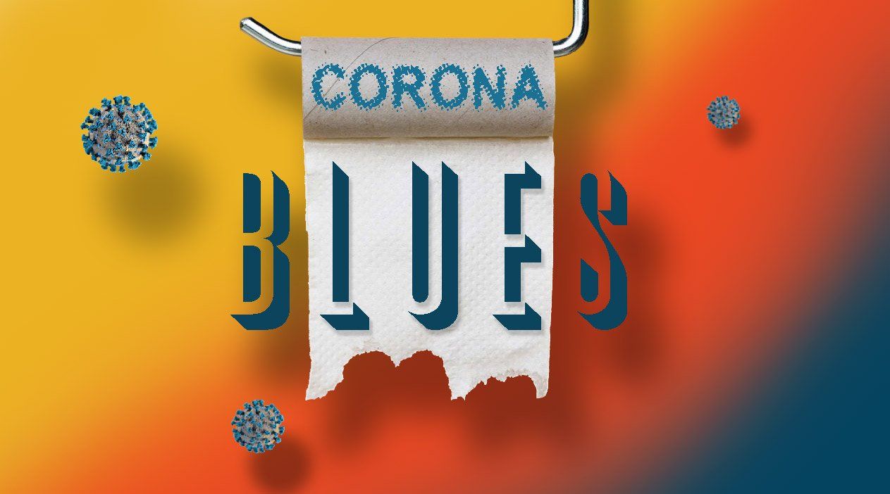 Corona Blues - an image with an empty roll of toilet paper on a coloured background with virus floating around