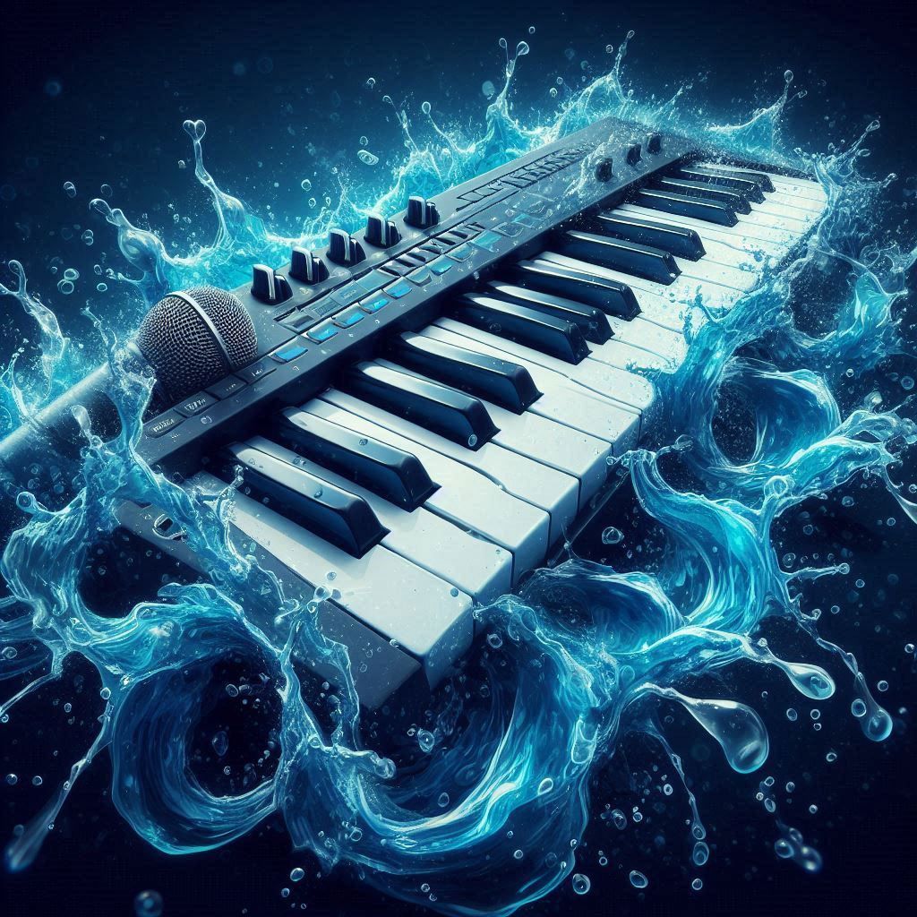 A keyboard and a microphone in a blue splash of water