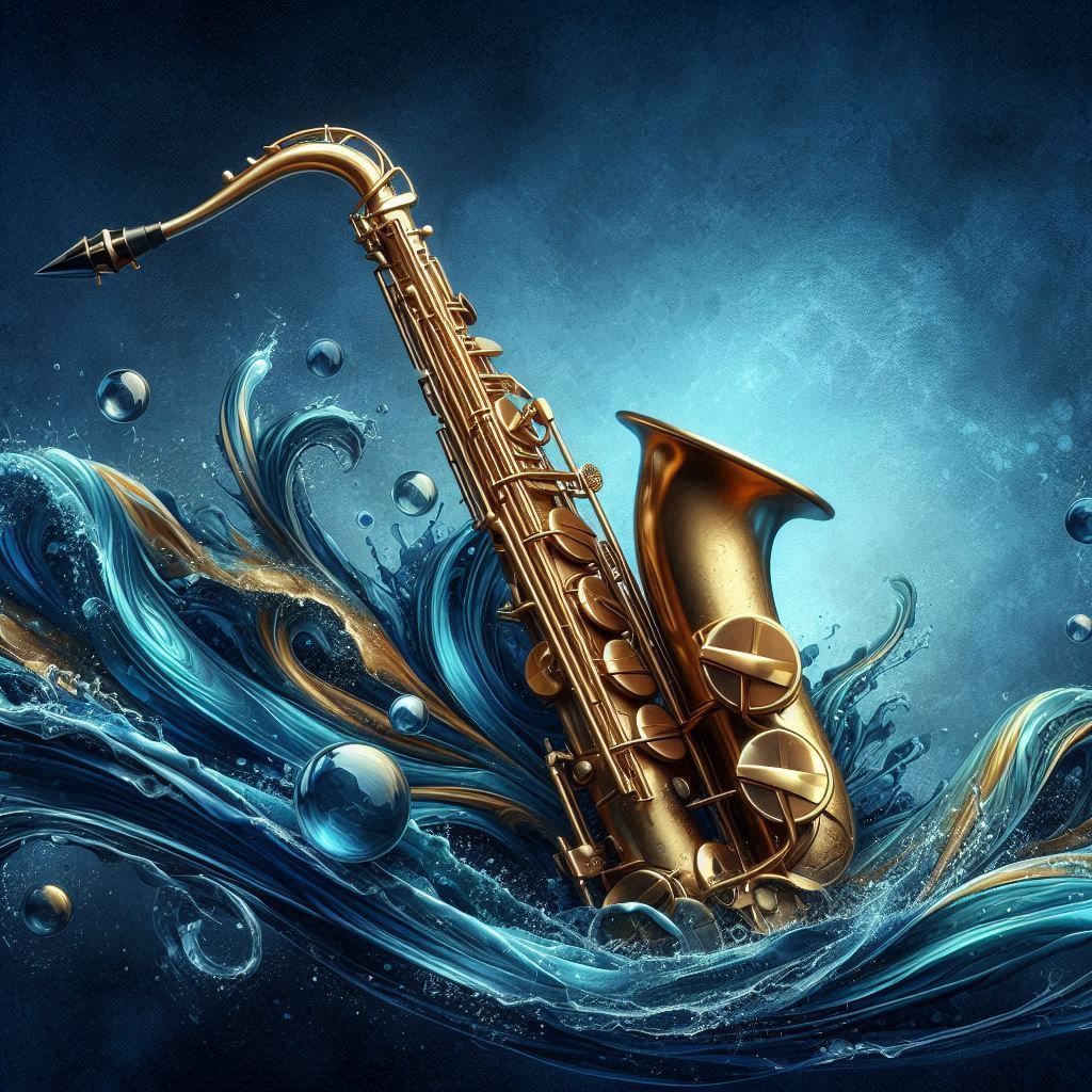 A saxophone in a wavy blue gold design