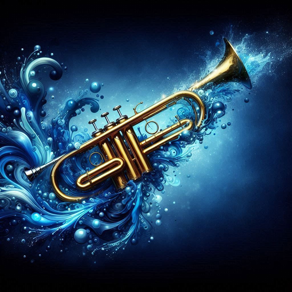 A trumpet in a blue water splash like design