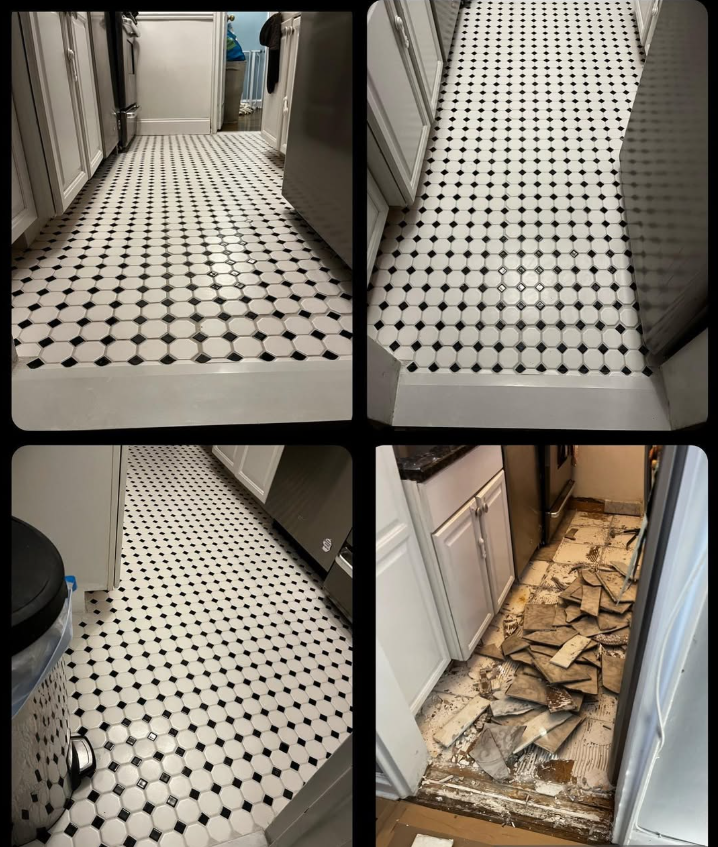 A collage showing a kitchen floor being renovated, with finished black and white mosaic tiles and a section under demolition.