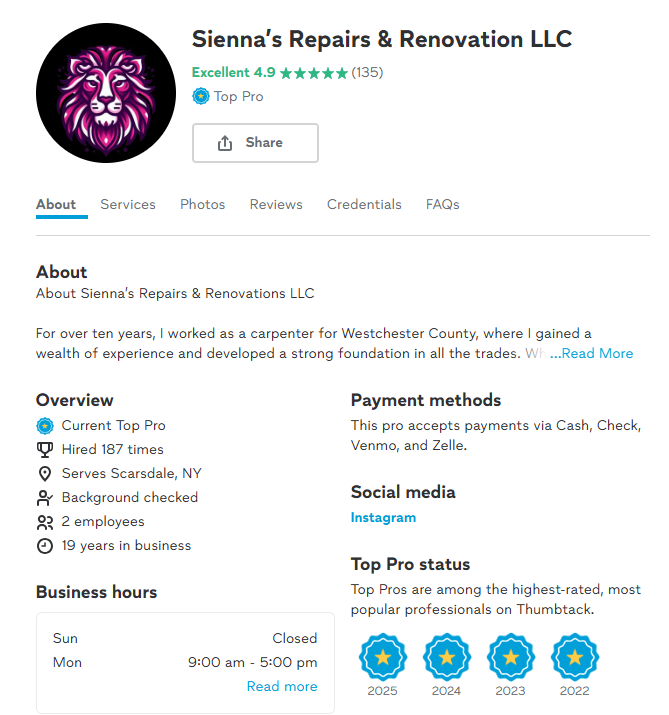 Thumbtack business profile for Sienna’s Repairs & Renovation LLC, featuring a purple lion logo, ratings, and company info.