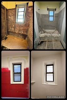 A four-part collage showing the step-by-step renovation of a bathroom wall surrounding a window, from studs to final paint.