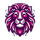 A stylized lion head illustration in shades of vibrant pink, dark purple, and white against a plain background.