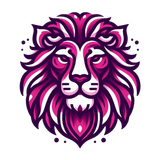 A stylized lion head illustration in shades of vibrant pink, dark purple, and white against a plain background.