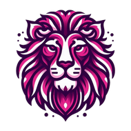 A stylized lion head illustration in shades of vibrant pink, dark purple, and white against a plain background.