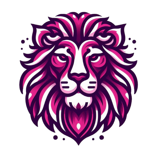 A stylized lion head illustration in shades of vibrant pink, dark purple, and white against a plain background.