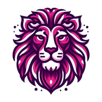 A stylized lion head illustration in shades of vibrant pink, dark purple, and white against a plain background.