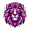 A stylized lion head illustration in shades of vibrant pink, dark purple, and white against a plain background.