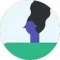 A stylized profile icon features a dark hair shape above a blue head and neck set against a light blue, circular background.