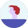 A circular profile icon showing a stylized illustration of a person with red hair against a light blue background.