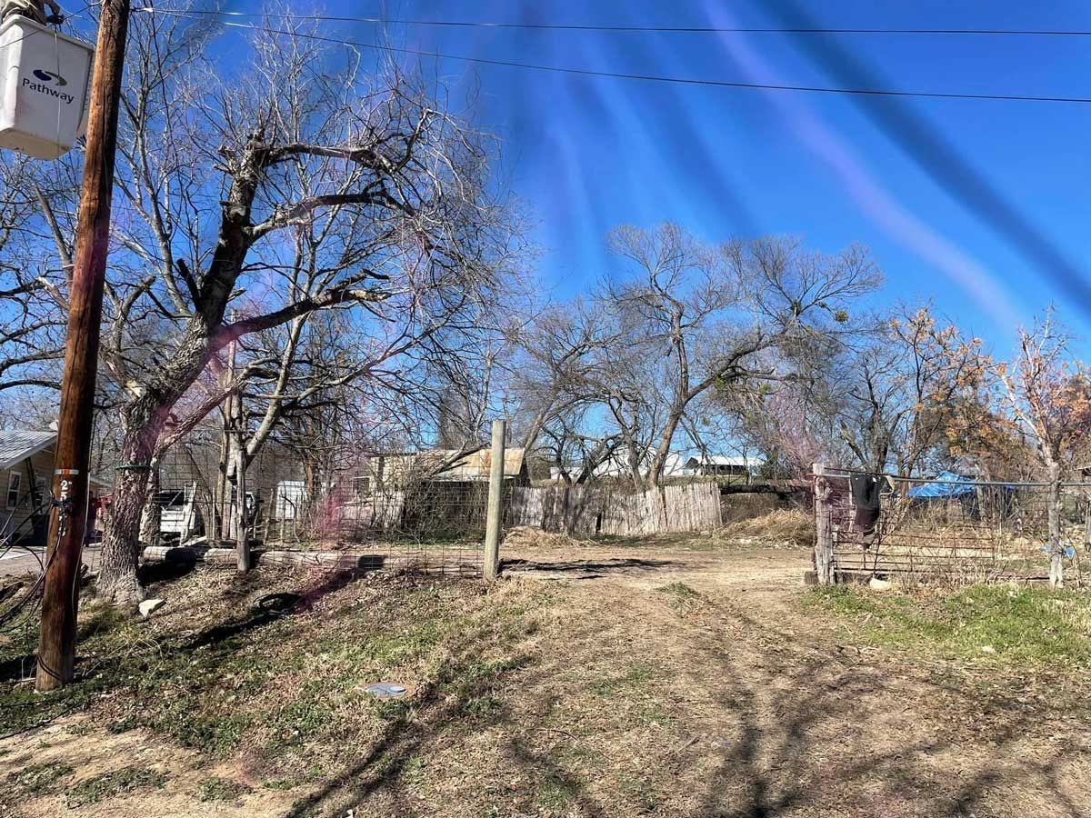 A fenced in yard with trees and power lines in the background.