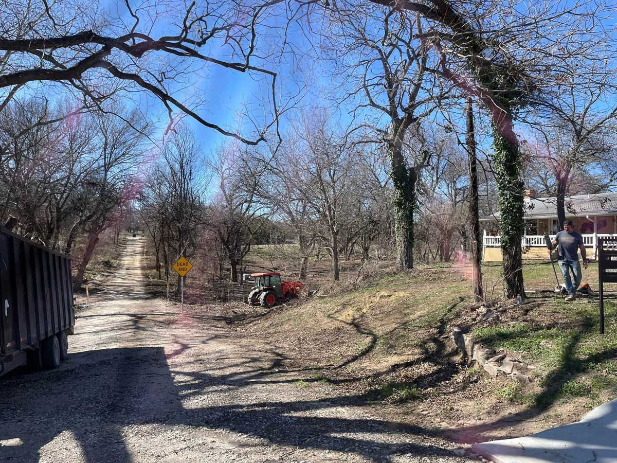 A dirt road with trees on the side of it and a house in the background.