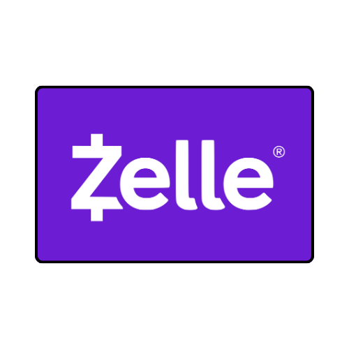 Zelle logo: white text on purple rectangle.