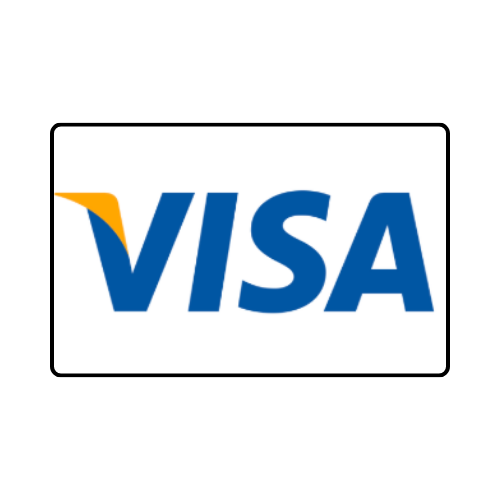 Visa logo: Blue text, white background, yellow and blue curved design element.