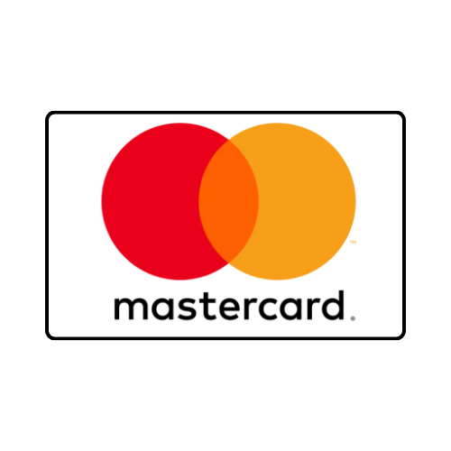 Mastercard logo: red and orange overlapping circles, white background, black border, 