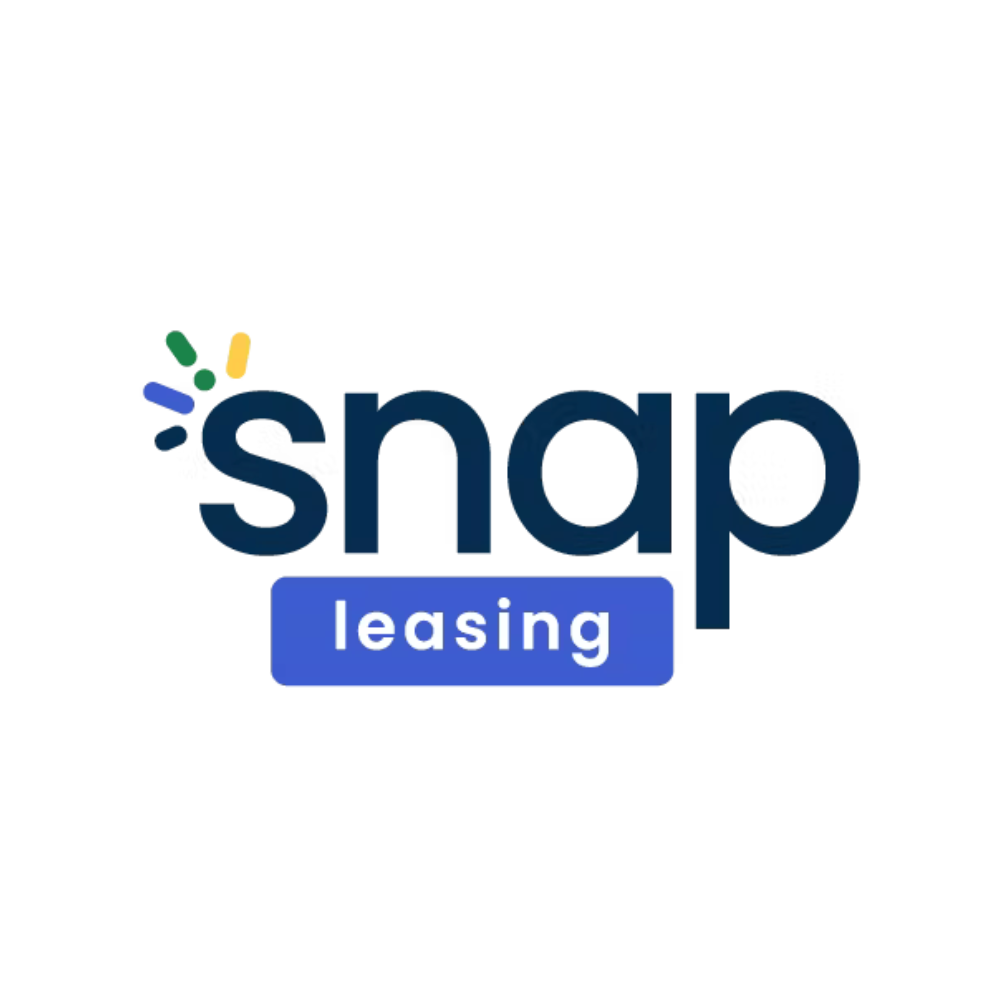 Snap Leasing logo with blue and white text, featuring colorful bursts and a blue