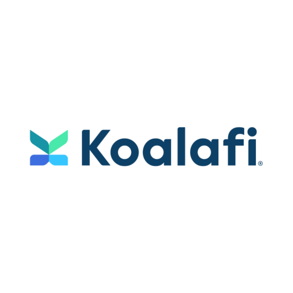 Koalafi logo: Blue text, stylized floral icon in green, teal, and blue.