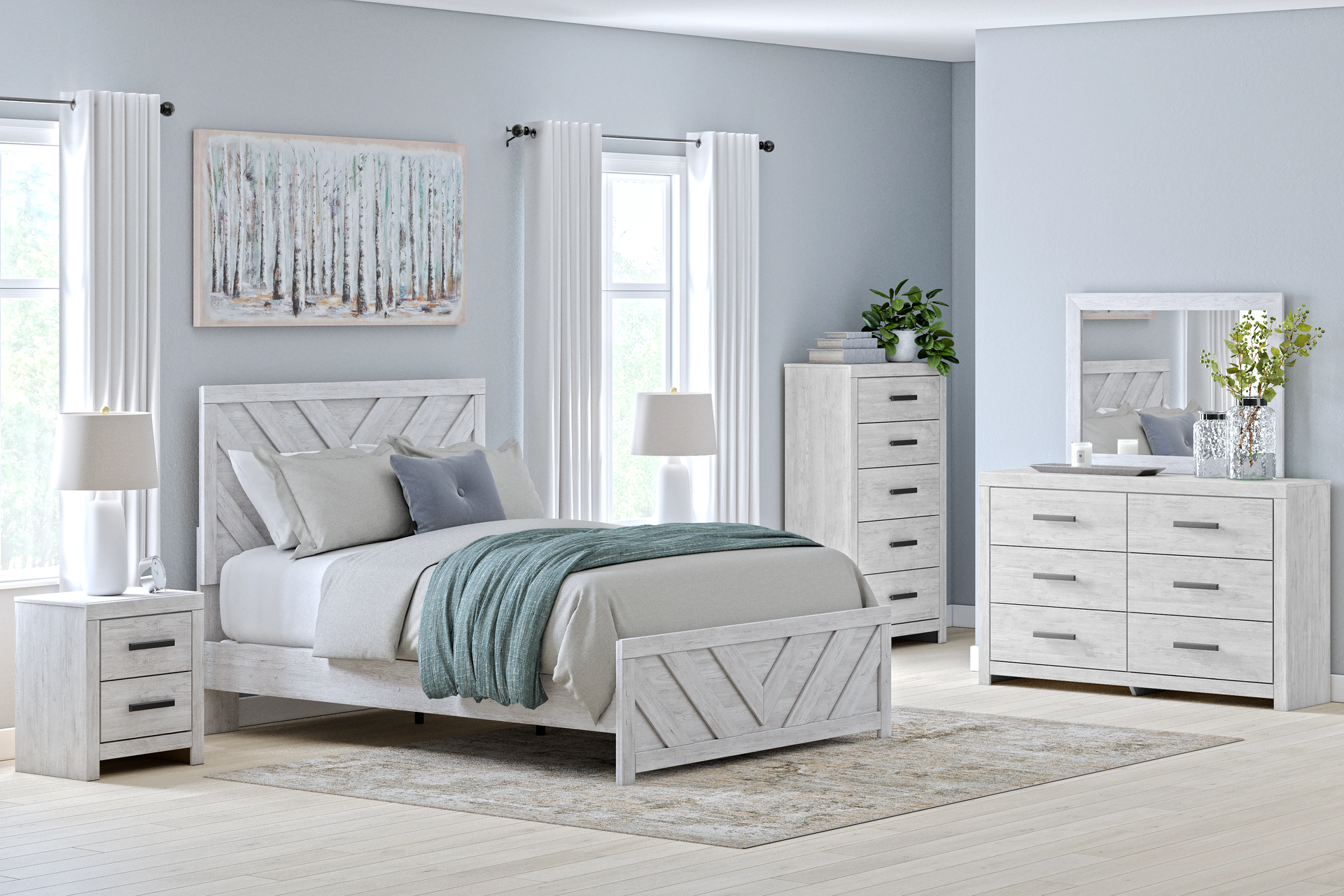 White bedroom set with bed, nightstand, dresser, and chest. Light blue walls, rug, and artwork.