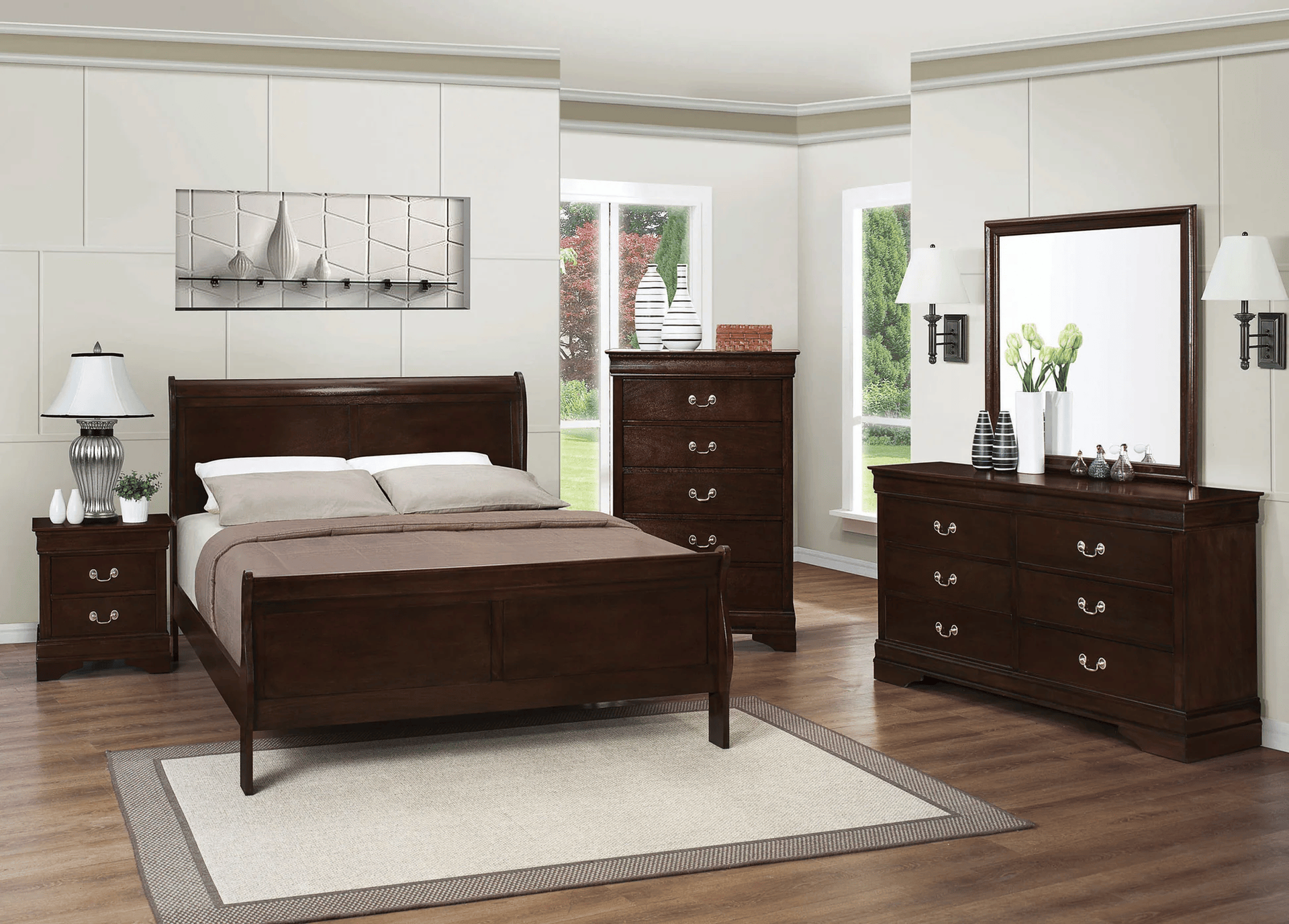 Bedroom furniture set in dark brown: bed, nightstand, dresser, chest, and mirror.