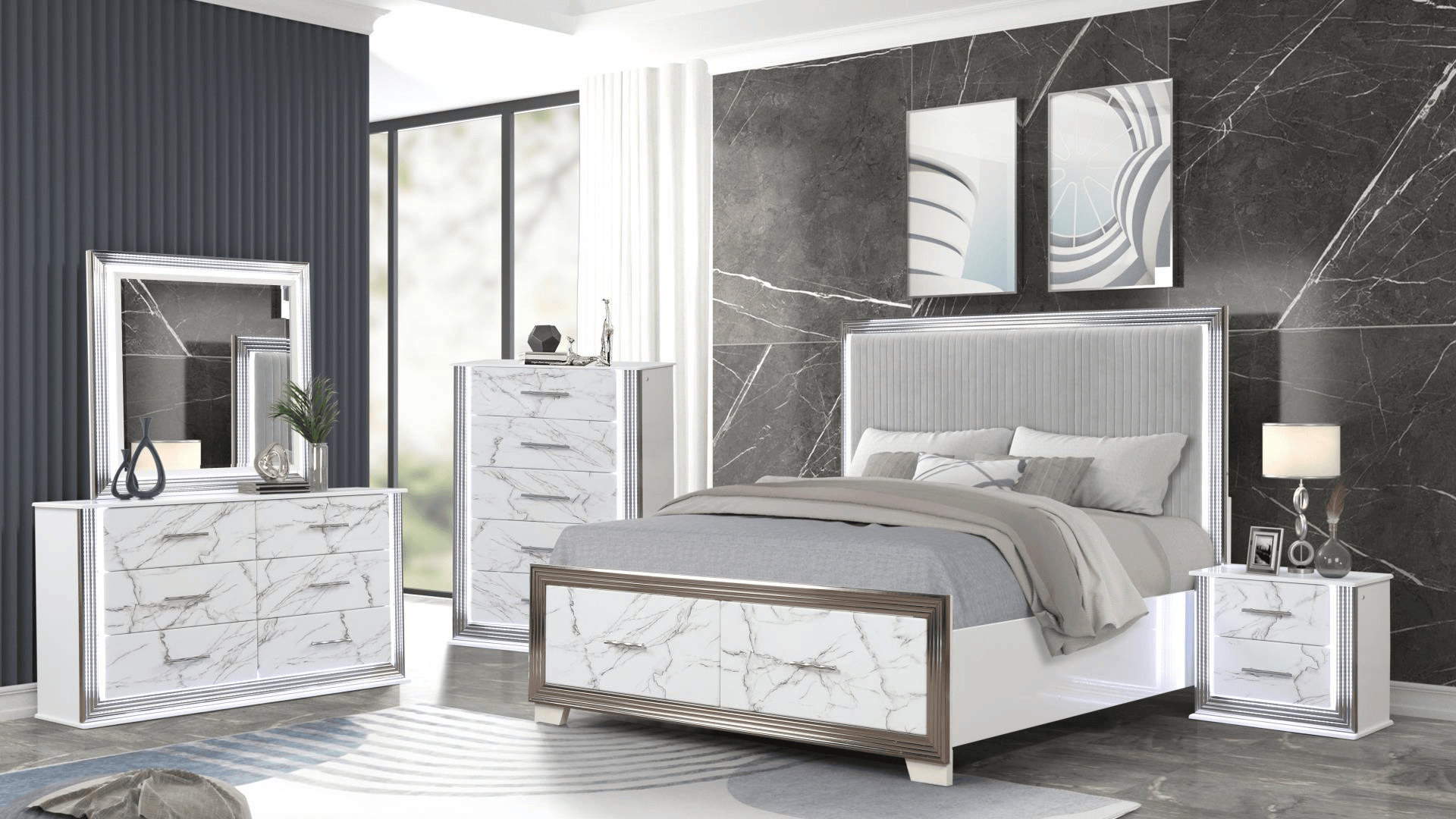 Bedroom set with marble-look furniture: bed, dresser, mirror, nightstand, and chest. Modern style, white and silver.