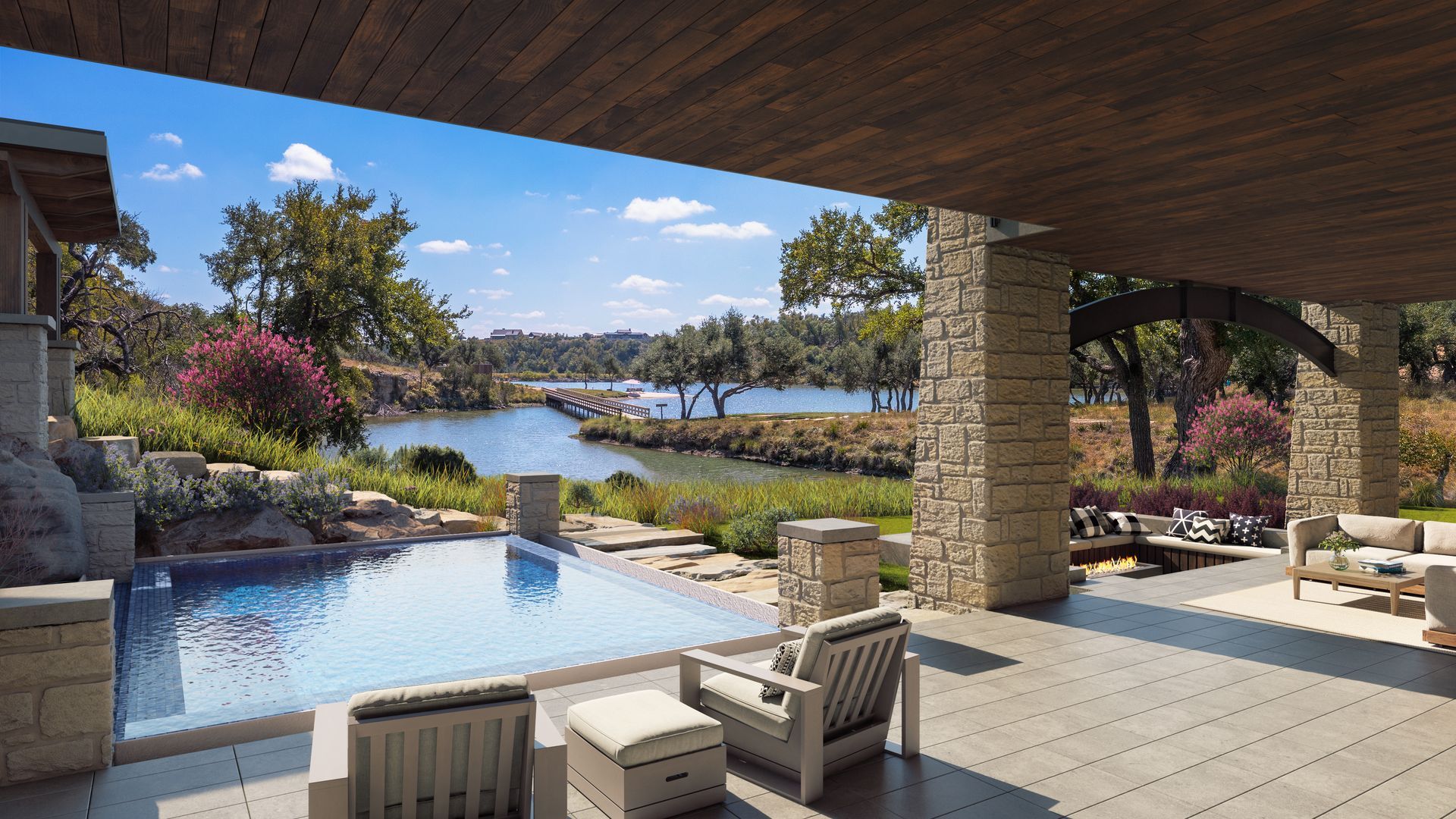 Artist's rendering of view from Lake House 1 toward Longhorn Lake. Image is conceptual and subject to change.