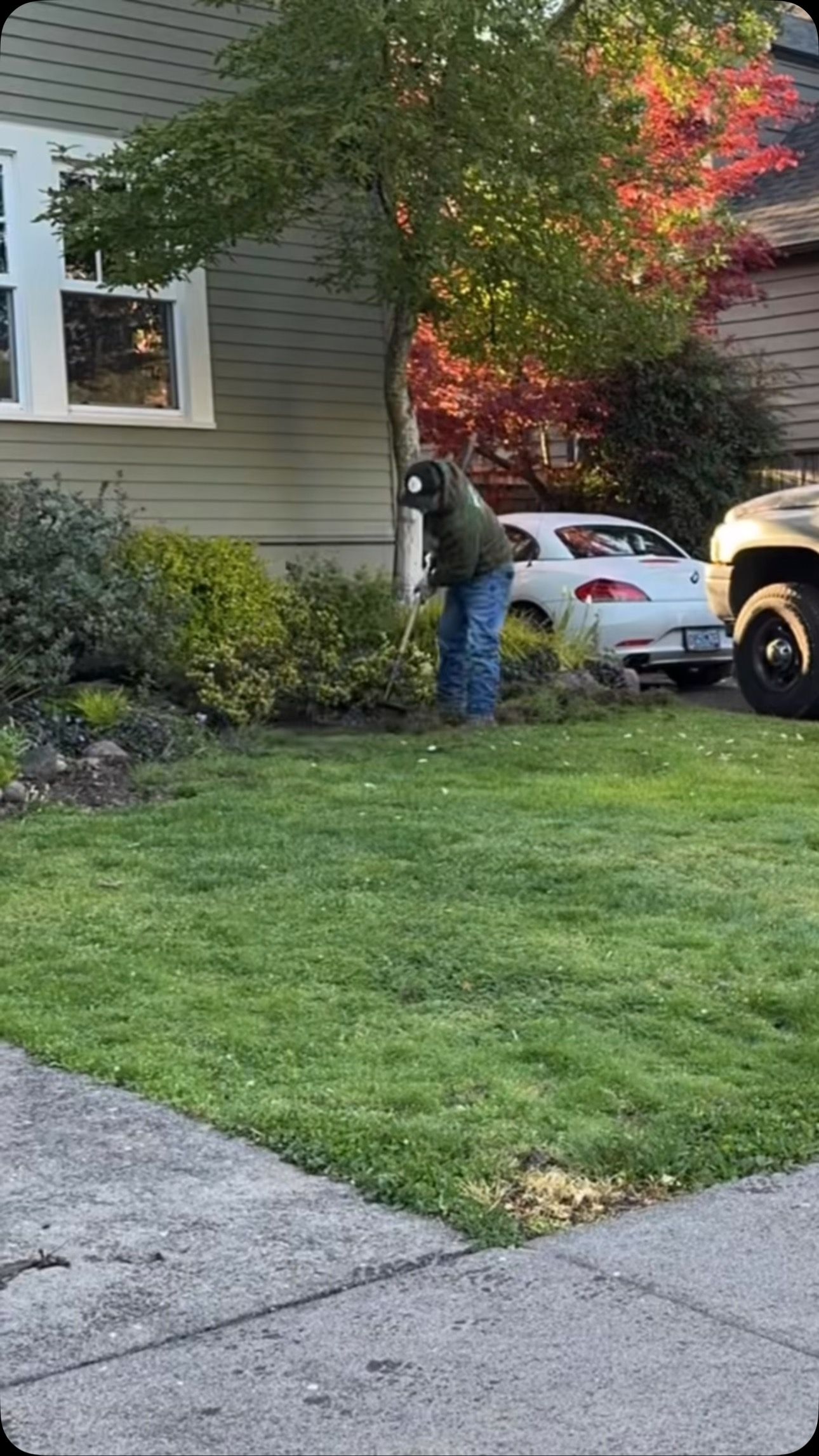 Person in green jacket near a tree in front of a house. White car parked behind the person.
