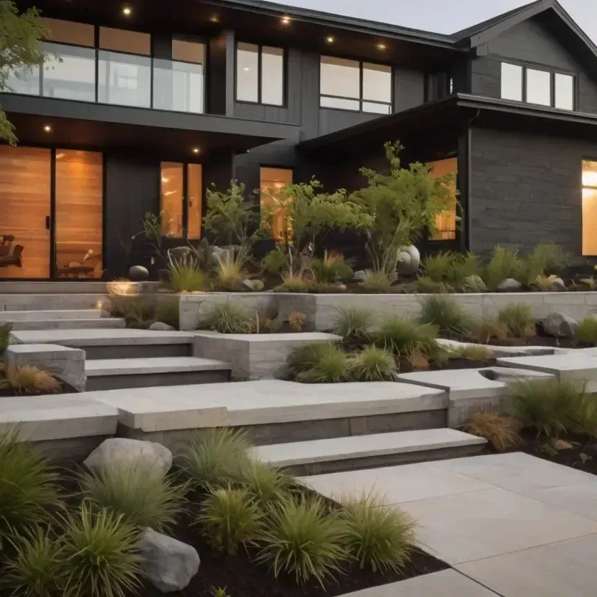 Modern black house with tiered concrete steps, landscaping, and wooden front door.