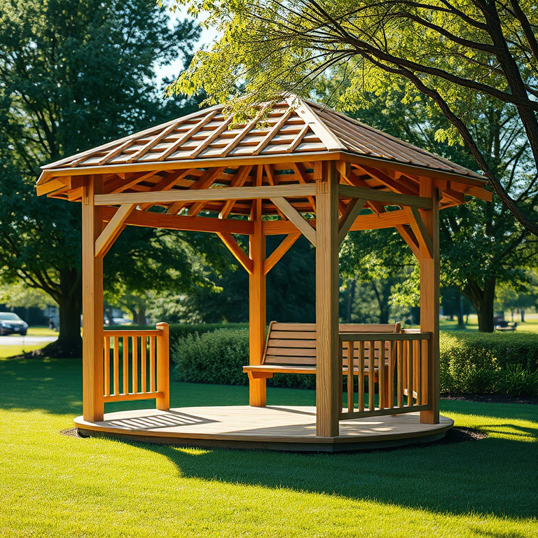 Wooden gazebo with seating in a grassy park, surrounded by trees. Wooden gazebo with seating in a grassy park, surrounded by trees.