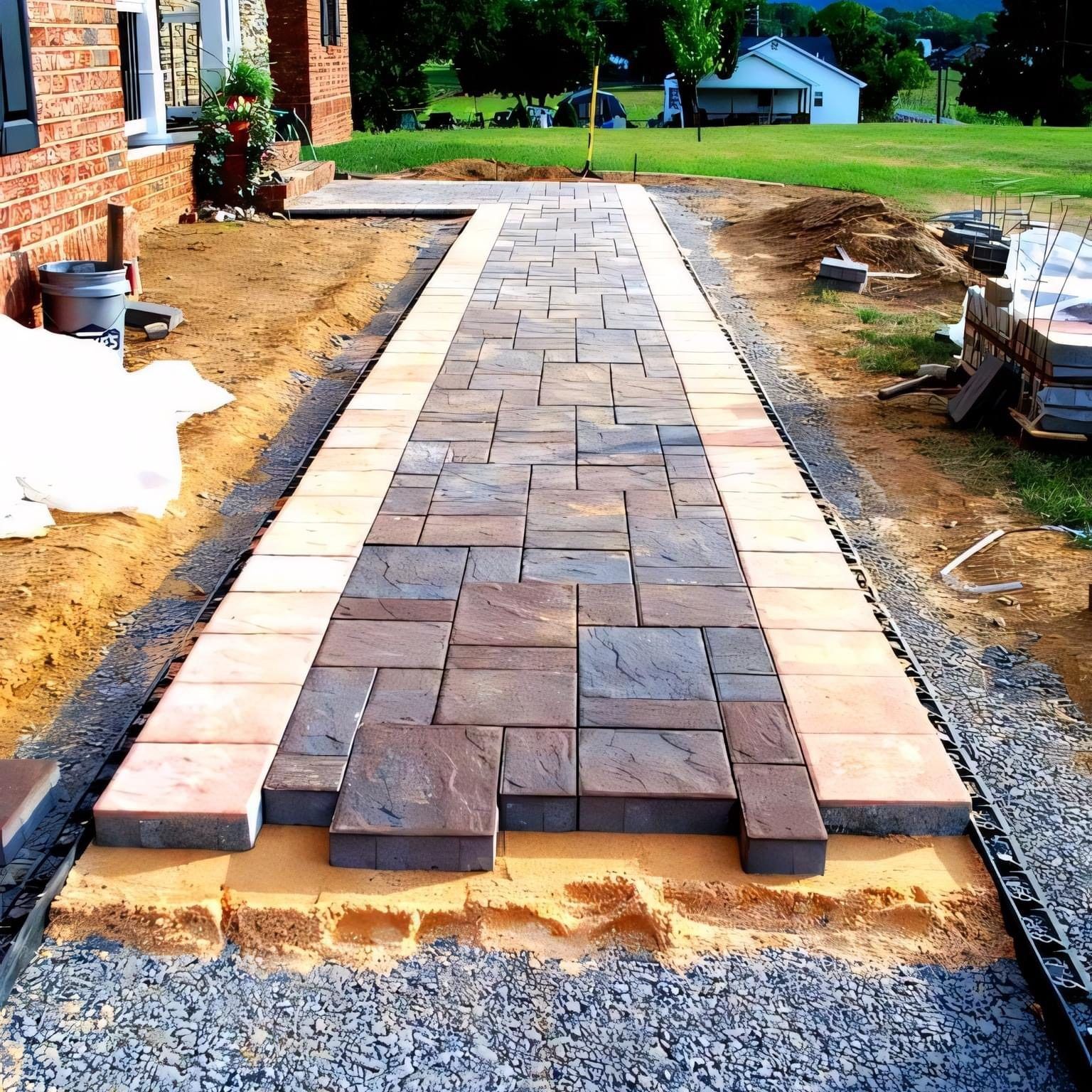 Pathway construction, brick pavers in progress with tan border, along a house, outdoors. Pathway construction, brick pavers in progress with tan border, along a house, outdoors.