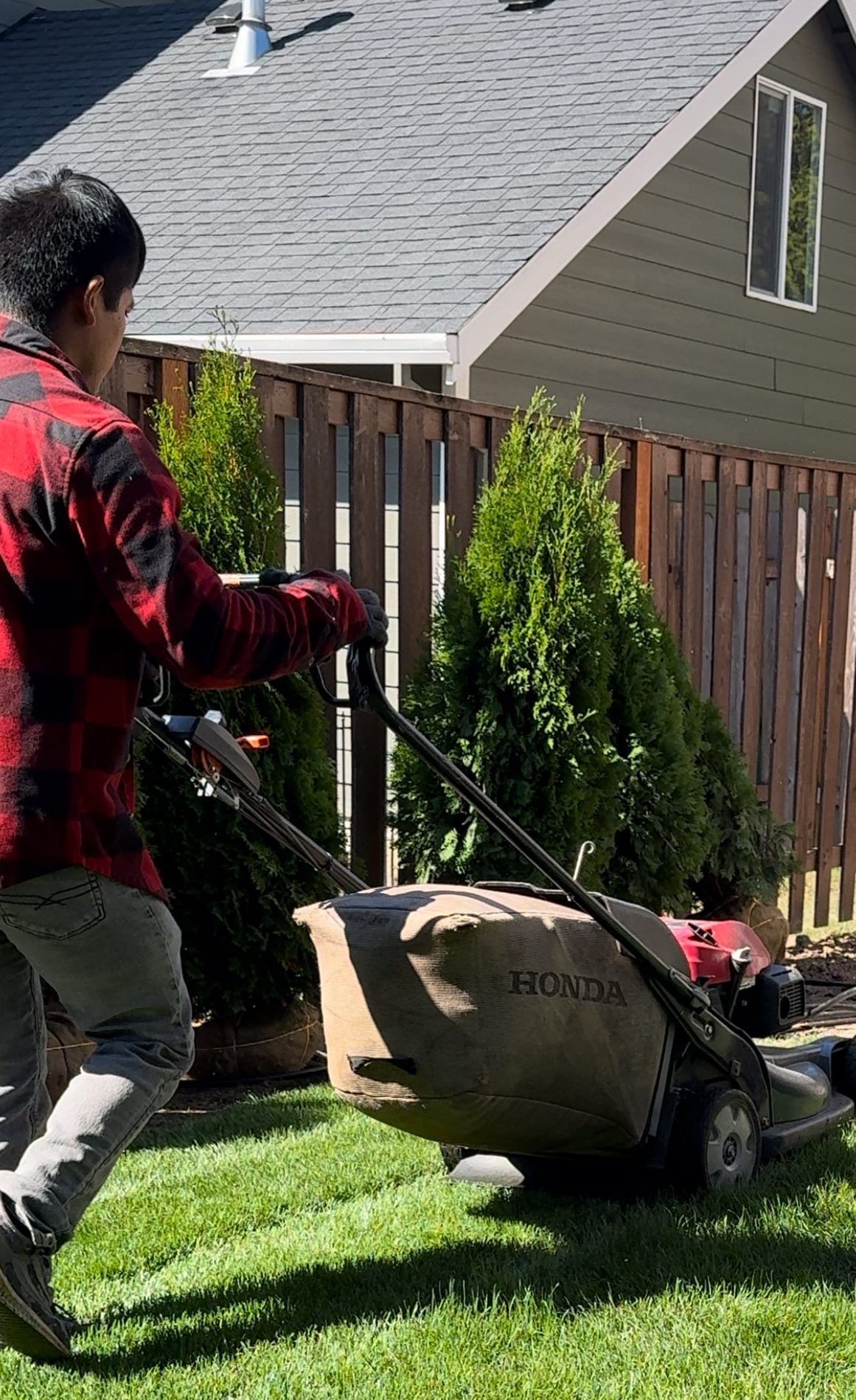 Person in red plaid shirt mowing a green lawn with a Honda mower in a backyard.