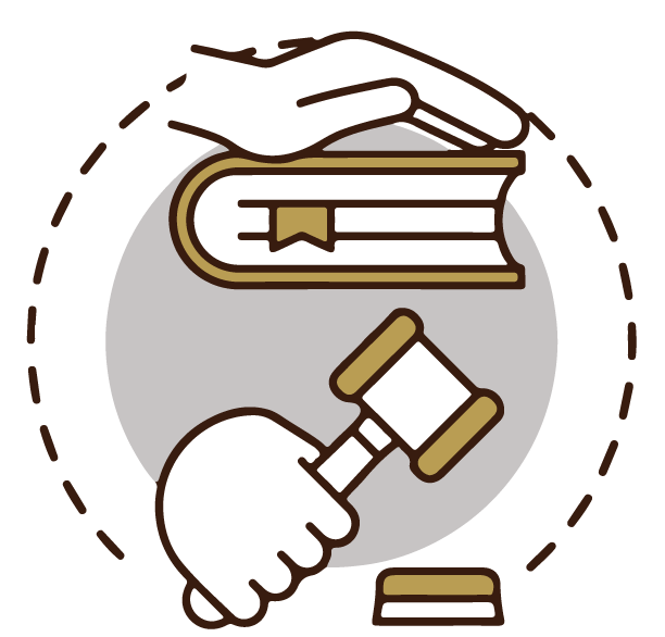 Mano sul libro, martelletto in mano, a simboleggiare la giustizia e la legge all'interno di un cerchio punteggiato.