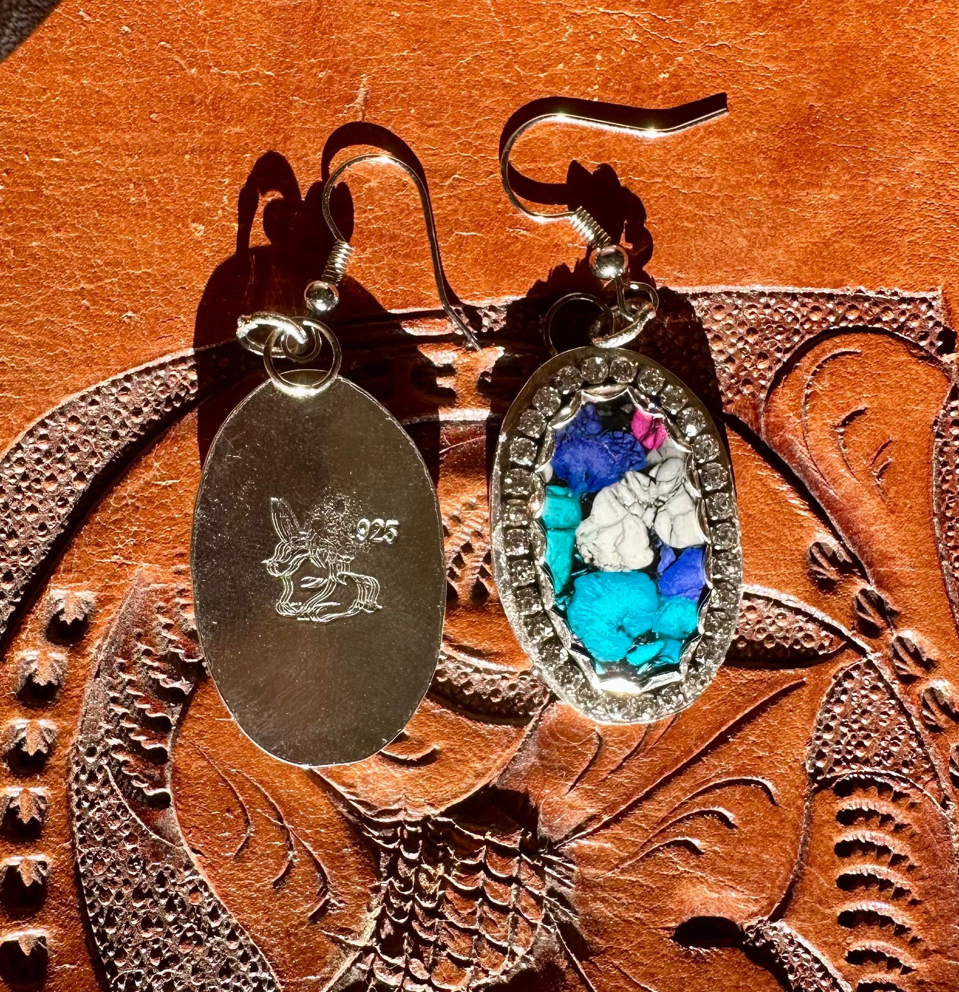 Cotton Candy Turquoise Earrings and Pendant Set with Rhinestone Boarder