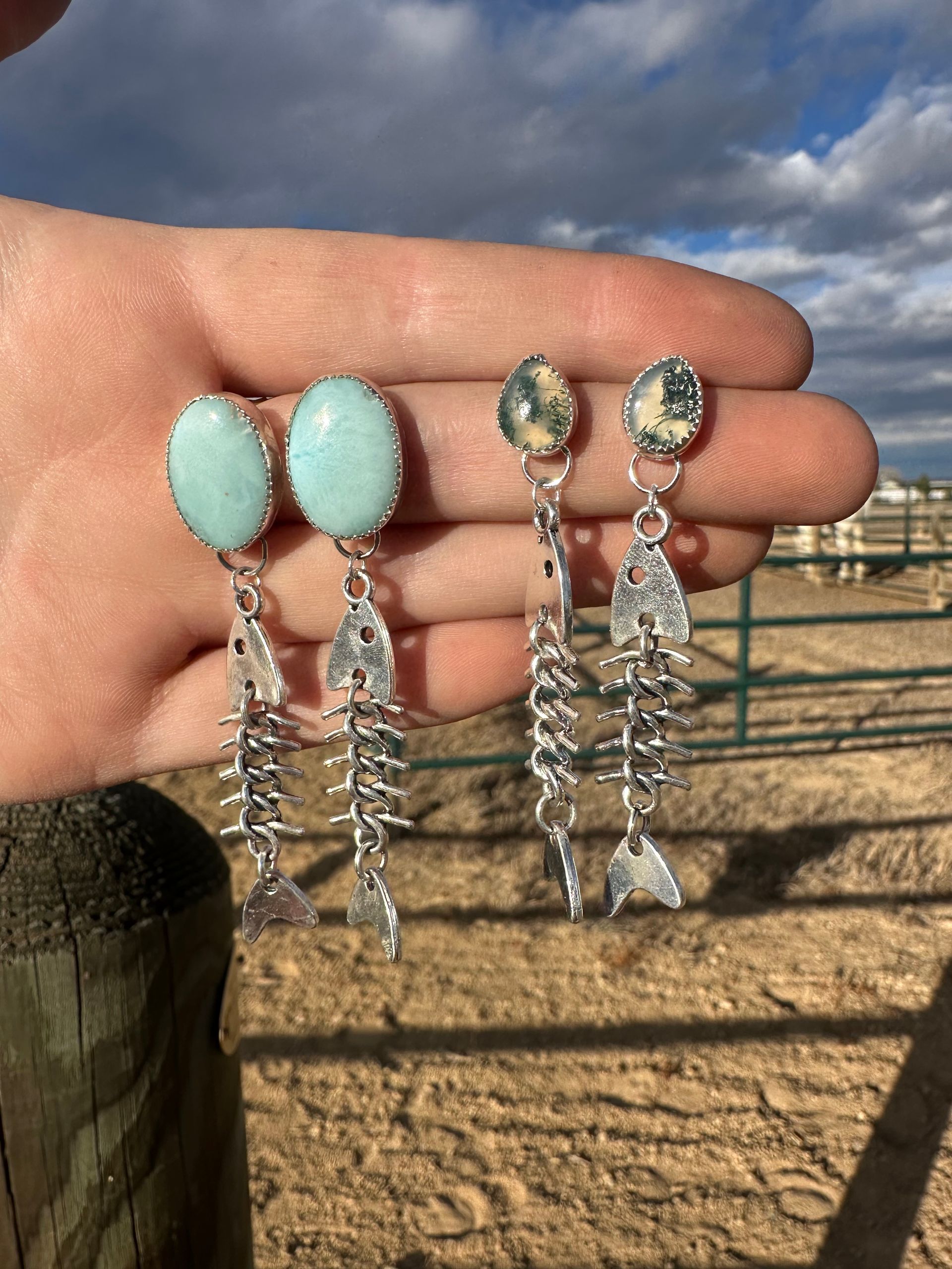 Moss Agate Sterling Silver Fish Bone Dangling Earrings