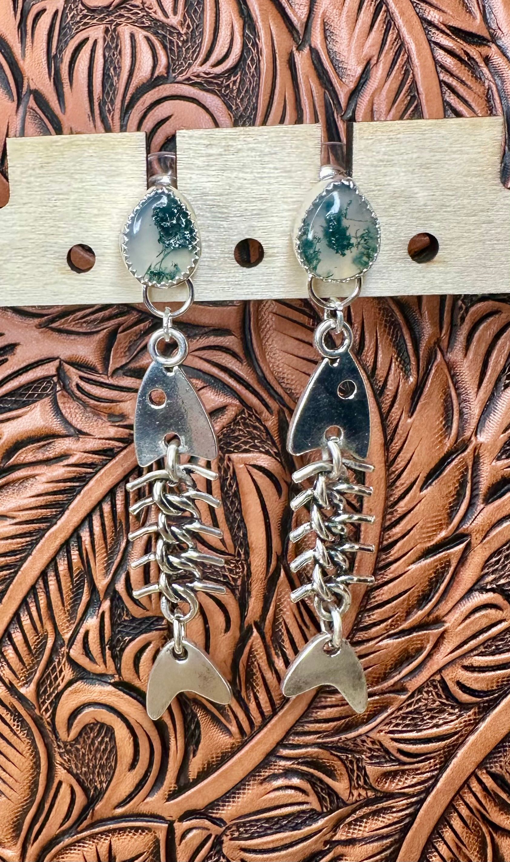 Moss Agate Sterling Silver Fish Bone Dangling Earrings