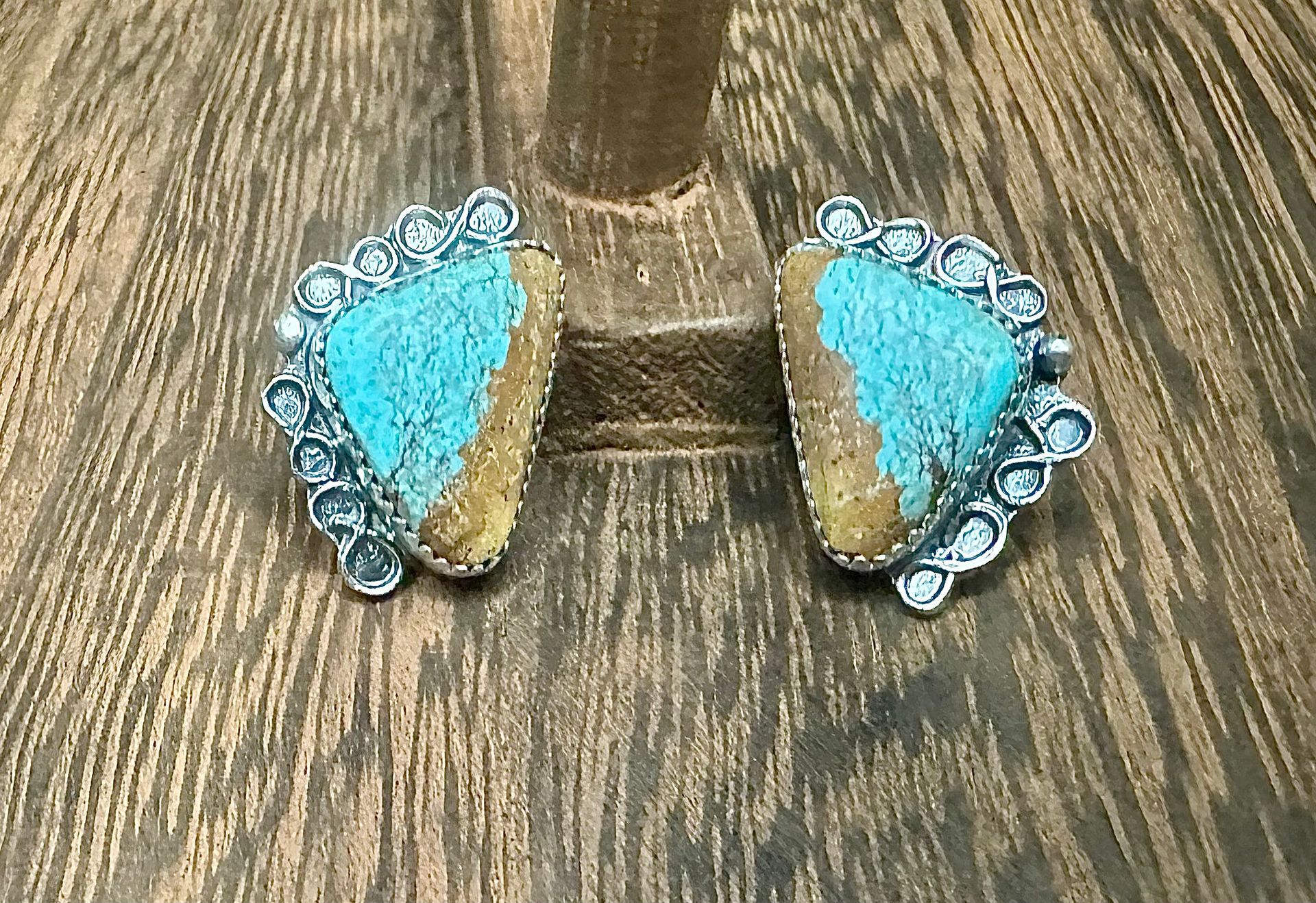 American Turquoise Triangle Studs with Sterling silver Figure 8 Details