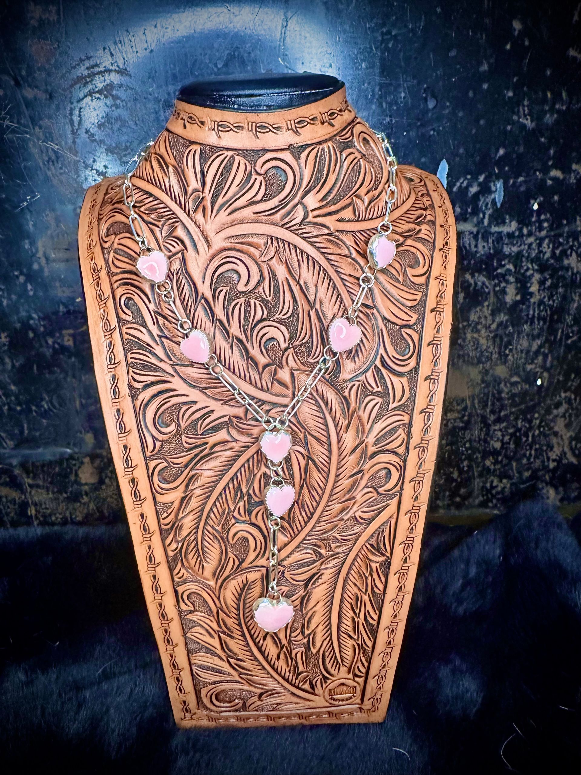 Sterling Silver Pink conch Heart  Paperclip Chain Lariat and Earring Set