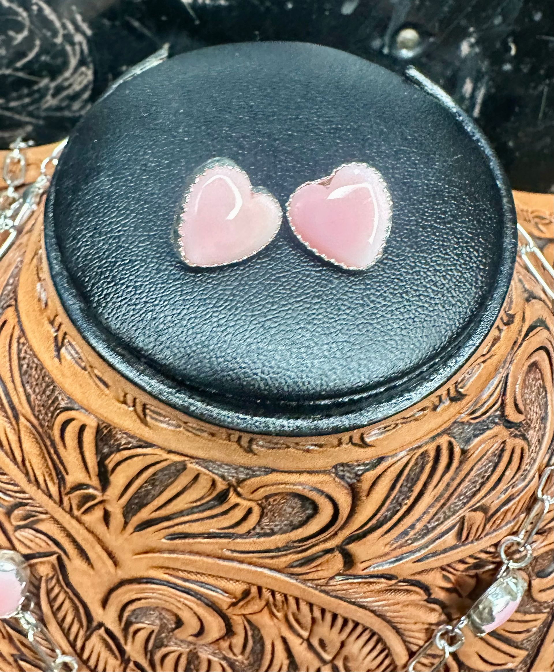 Sterling Silver Pink conch Heart  Paperclip Chain Lariat and Earring Set