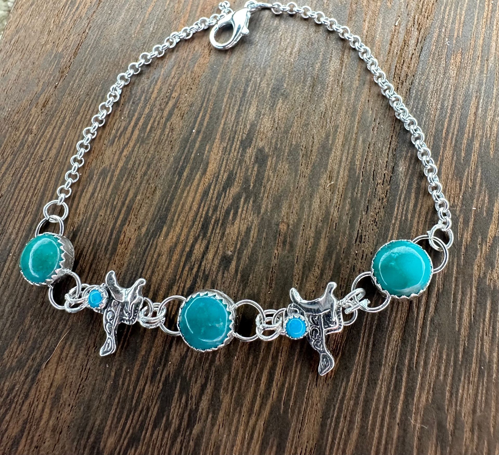 Sterling Silver Kingman Turquoise Saddle Charm Bracelet