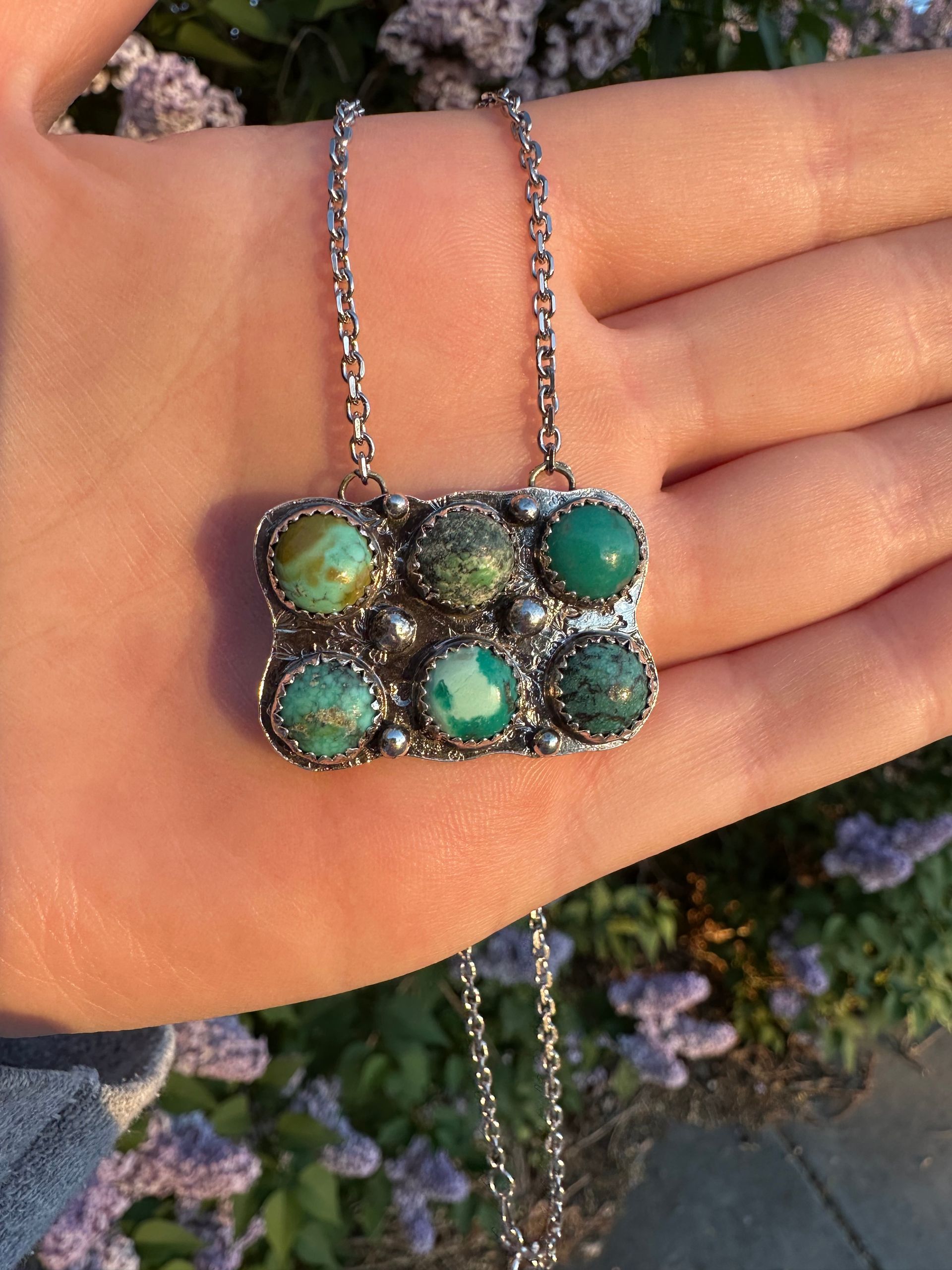 Sterling Silver Tibetan Turquoise Cluster Necklace
