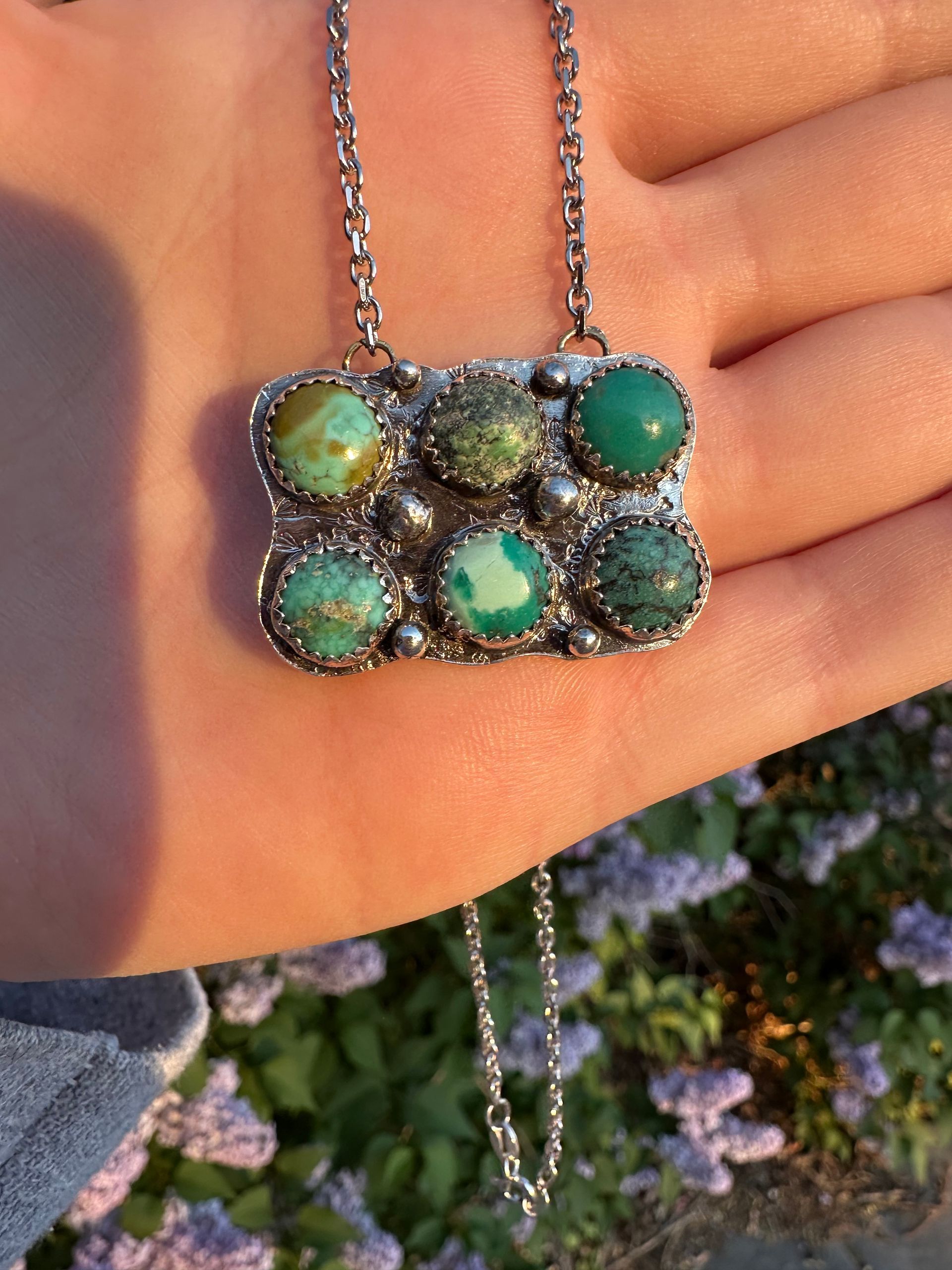 Sterling Silver Tibetan Turquoise Cluster Necklace