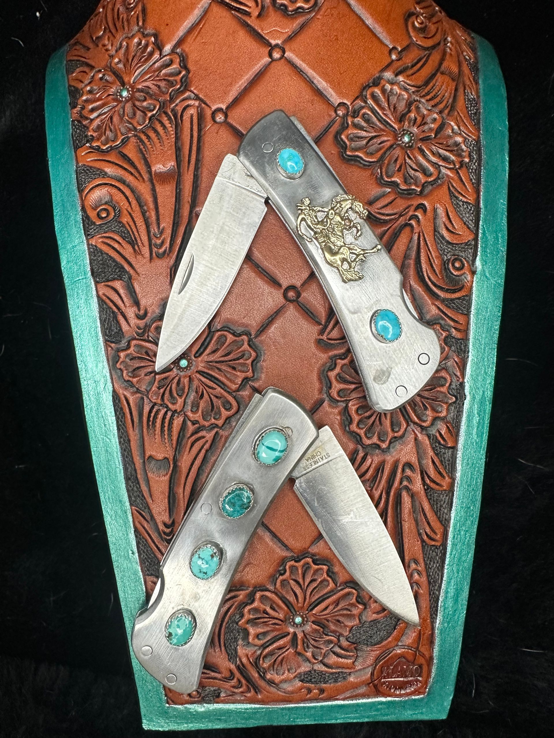 Stainless Steel Pocket Knife with Tibetan Turquoise Set in Fine Silver with Brass Bucking Horse Casting