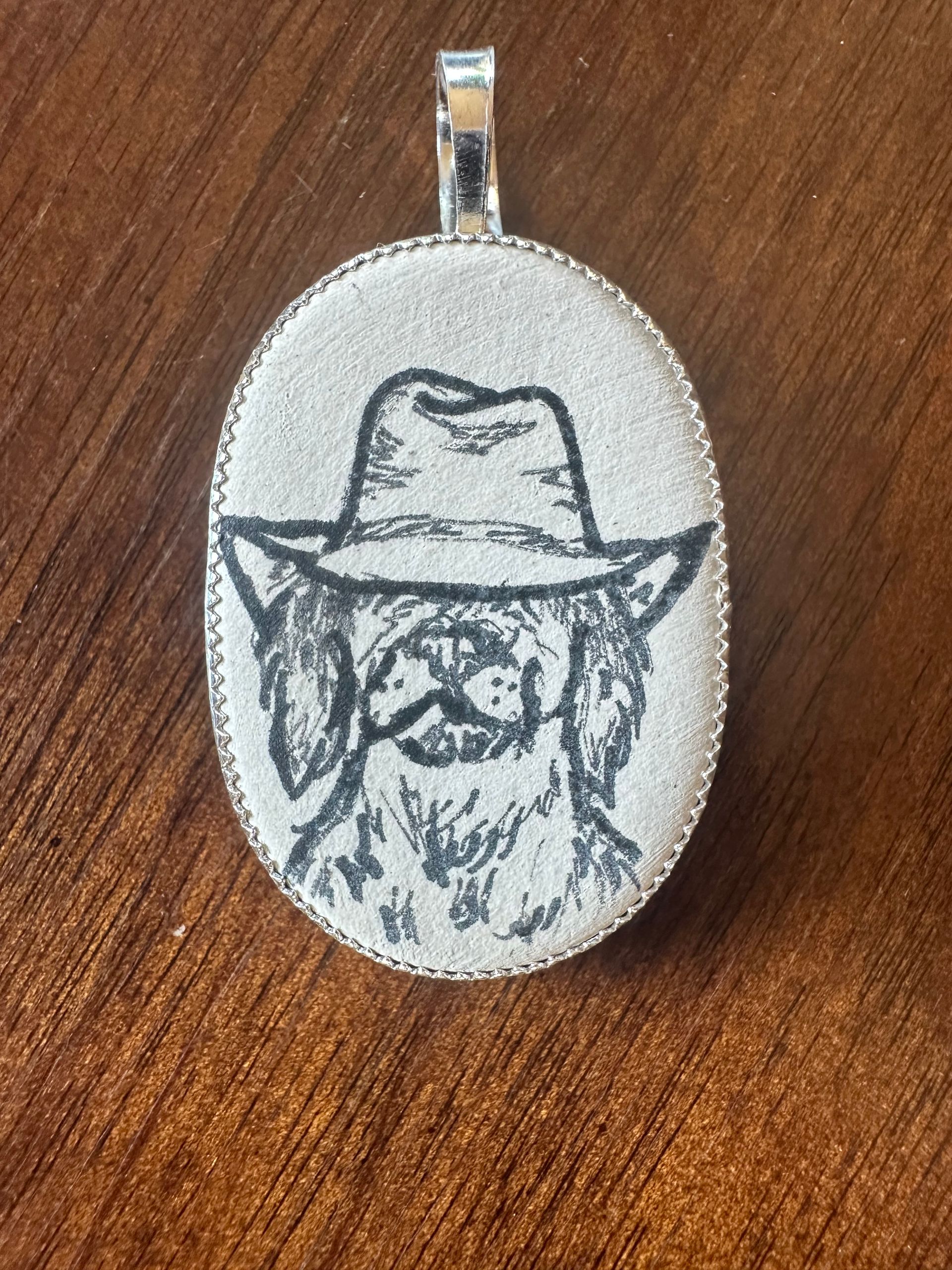 Hand Drawn Cowboy Dog Mixed Metal Pendant