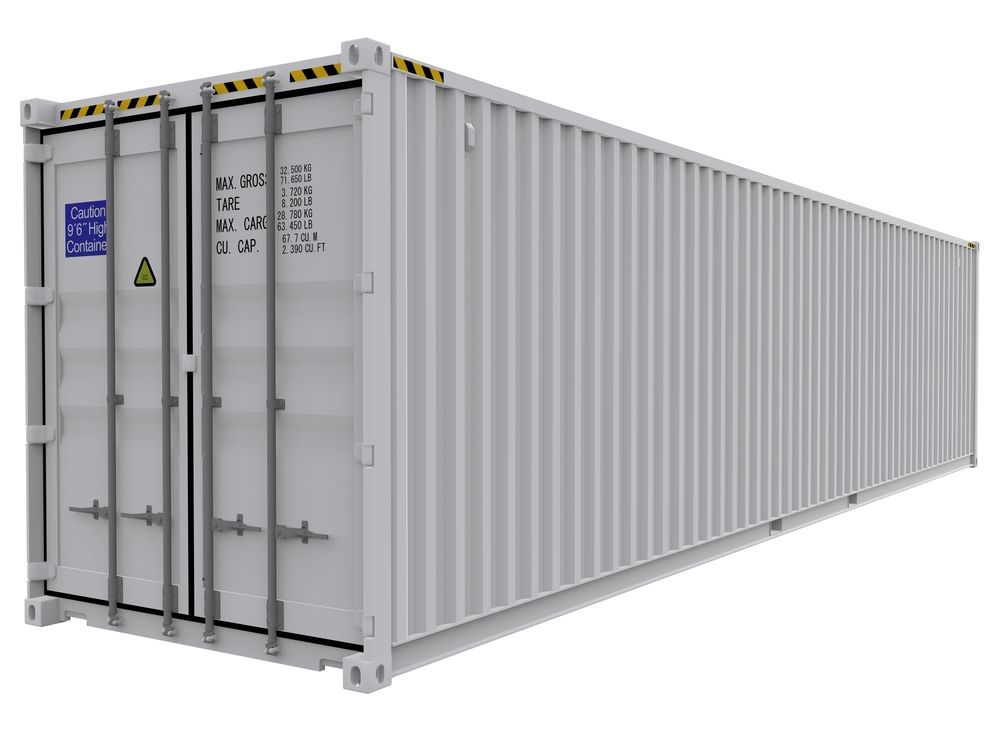 White 40-foot shipping container, angled view, showing closed doors, corrugated sides.