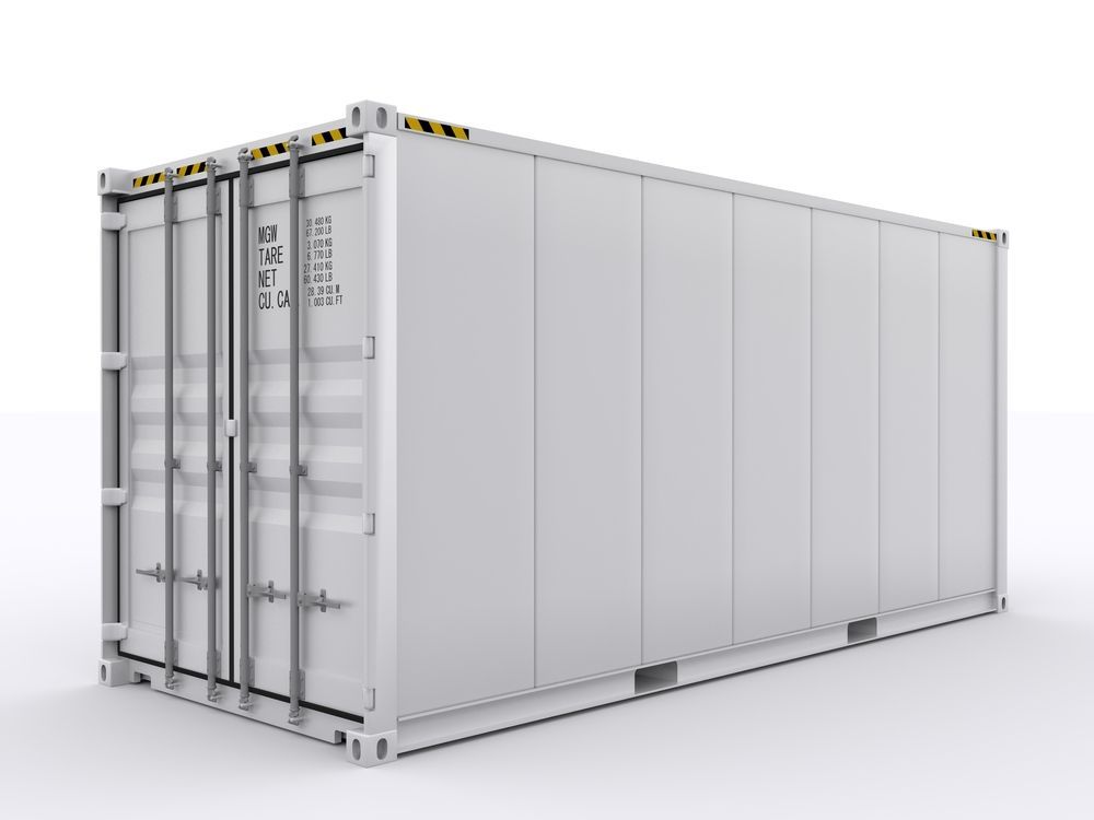 White refrigerated shipping container, isolated on a white background.