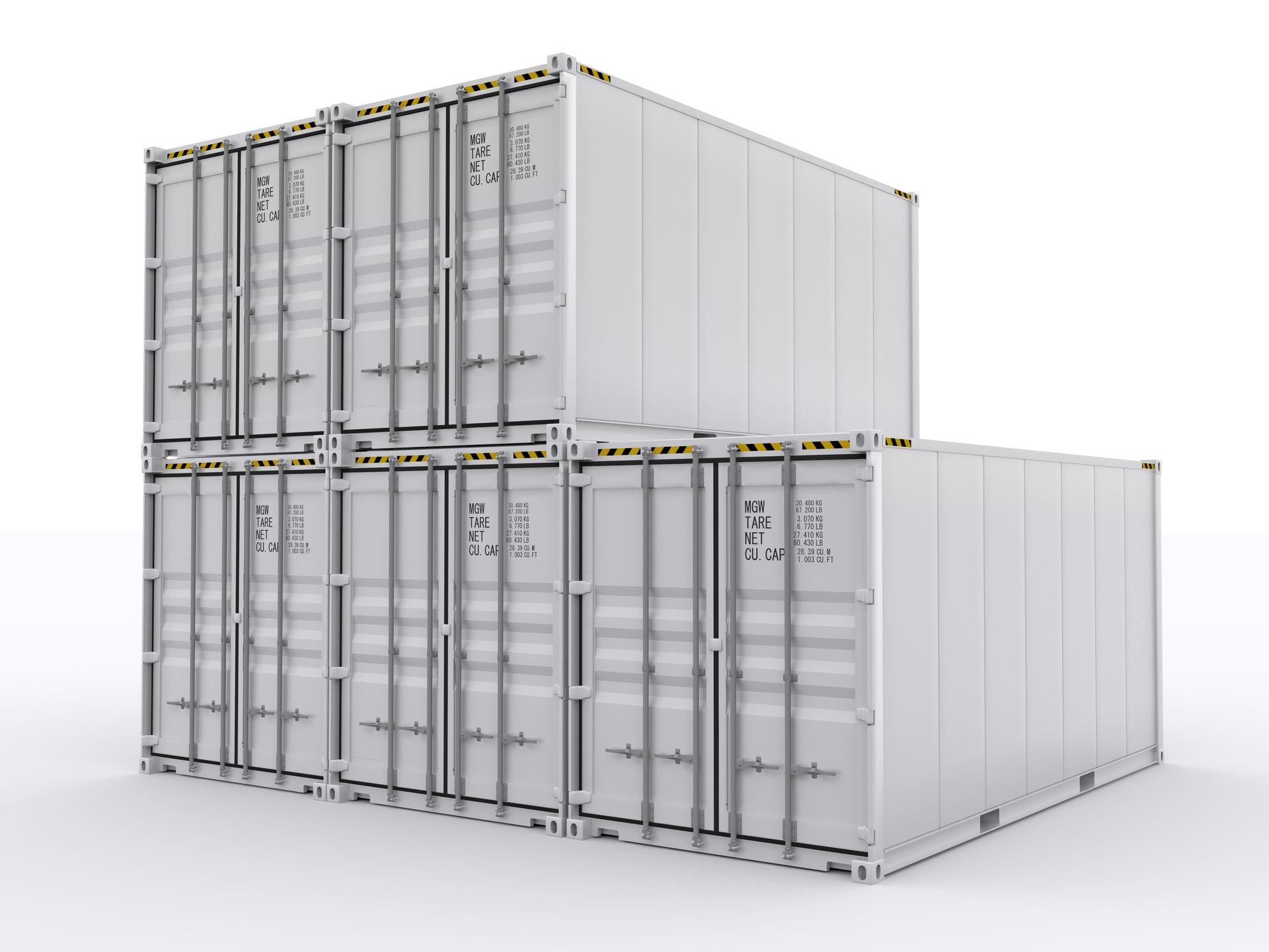 White shipping containers stacked in a pile, ready for transport.