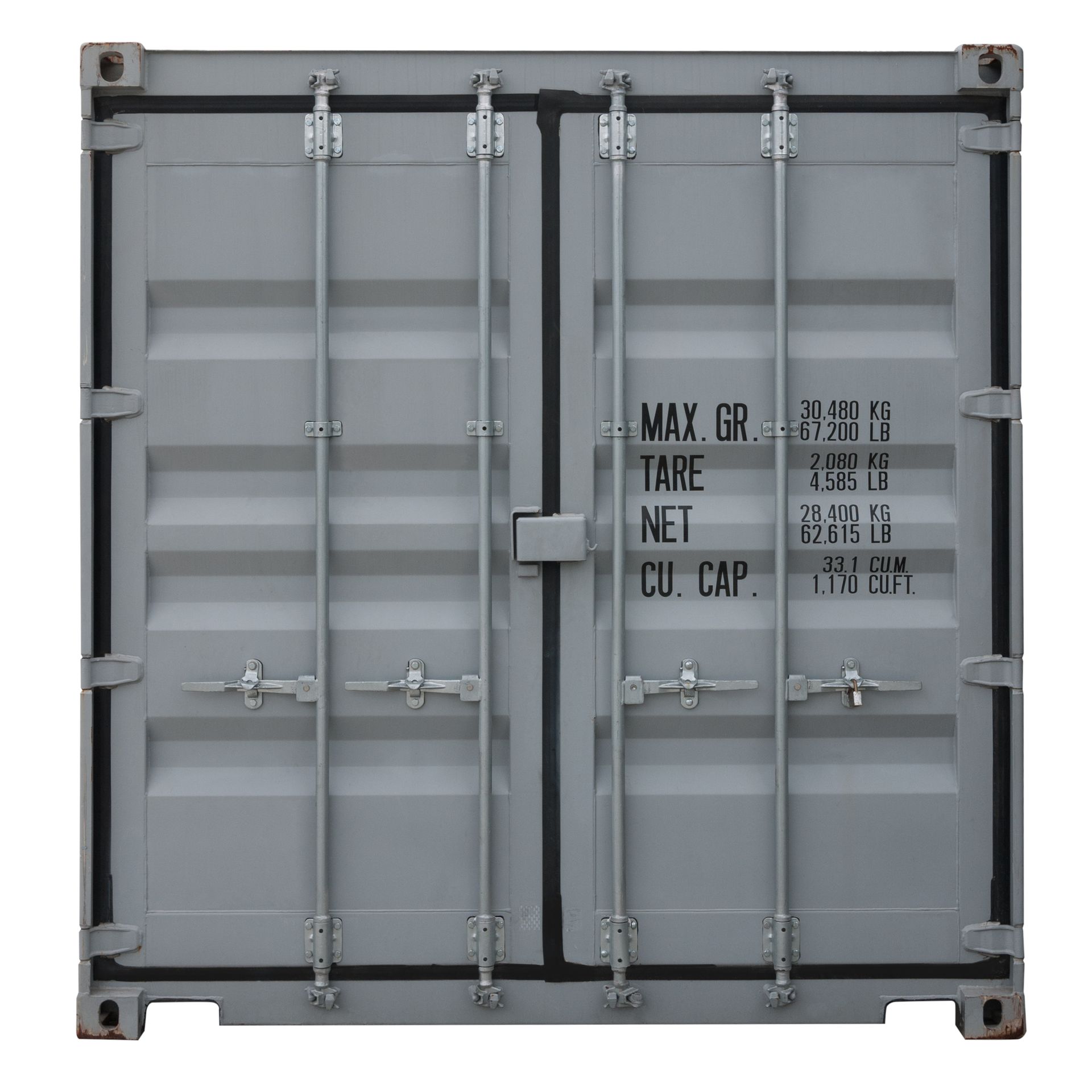 Gray cargo container, front view, closed doors, with white text, and locking bars.