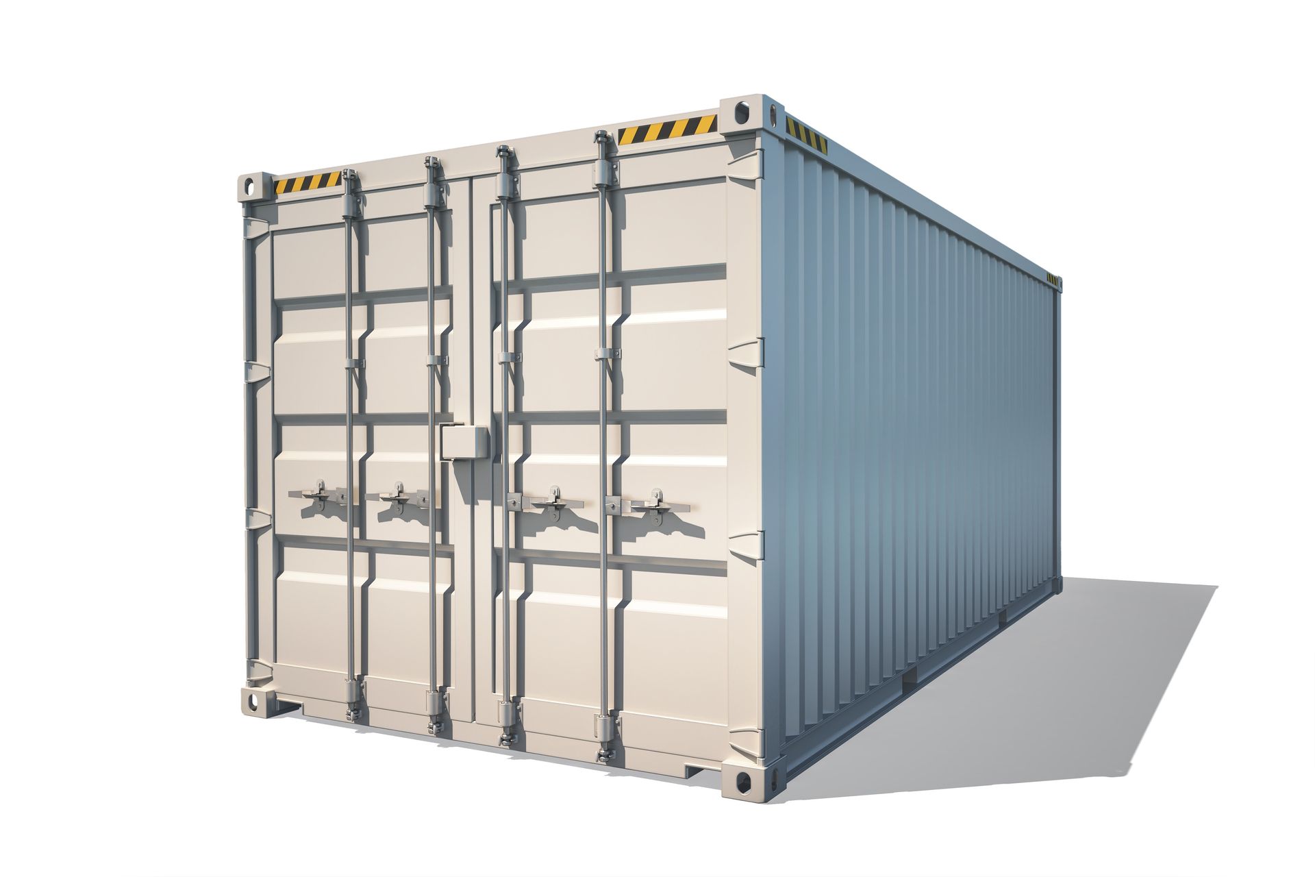 Beige shipping container with closed doors, casting a shadow on a white background.